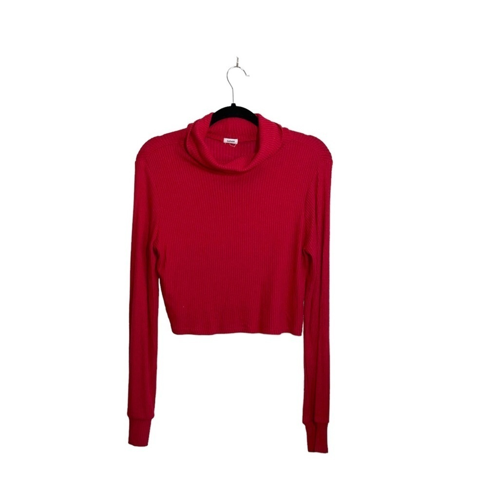 Garage Solid Red Ribbed Turtleneck Long Sleeve Cropped Top Medium Womenโs